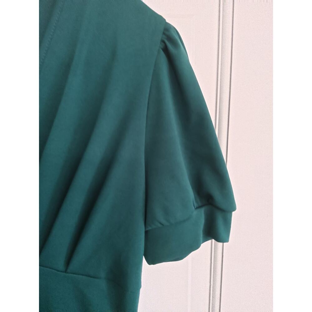 Retro glam emerald green pin up dress Sz S pleated faux pearl puff milk maid - Picture 5 of 6
